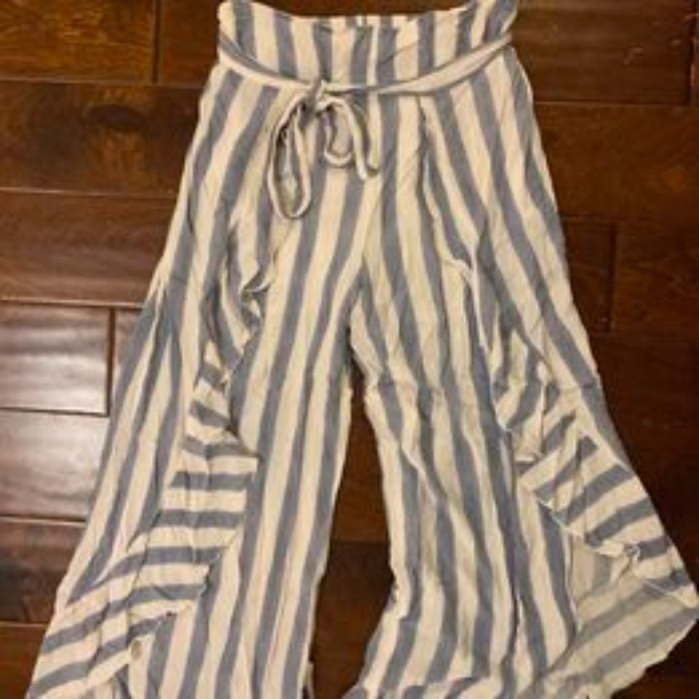 blue and white striped pants